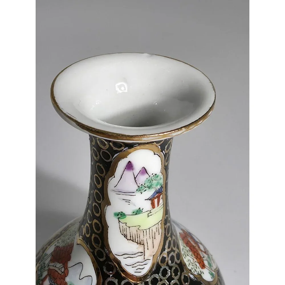 Vintage Hand Painted Porcelain Vase With Scenic Landscapes Gold Detailing